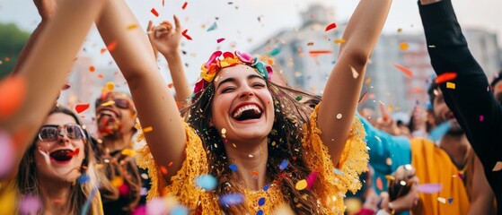 Friends of various backgrounds joyfully celebrating together colorful attire and bright expressions symbolizing unity and happiness