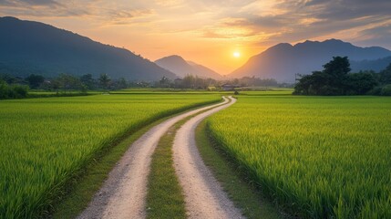 Fototapeta premium Sunset and dirt road in Vietnam.