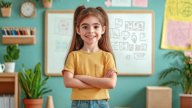 Caucasian female answering homework during class while standing near the board and reciting English grammar rules