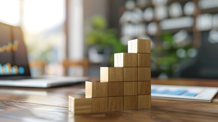 Wooden Blocks Model Data Growth Graph Finance over table and free copy space for your text banner. 3D Render illustration