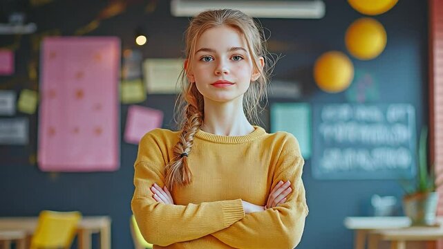 Caucasian female answering homework during class while standing near the board and reciting English grammar rules
