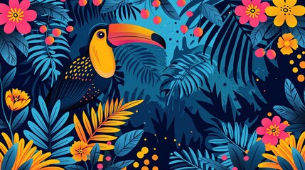 Fototapeta premium Tropical summer beach patchwork seamless pattern. Vector jungle palm tree, leopard, doodle elements, stripes, polka dots, toucan bird, pineapple. Cute exotic print, hawaii background, wallpaper