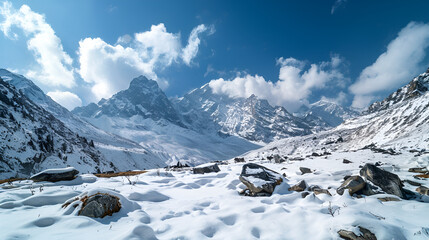 Snowy landscape with a mountain and trees in the background ai generative..