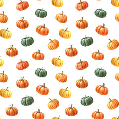 Pumpkin seamless pattern. Watercolor painted illustration. Hand drawn ripe different autumn pumpkins decoration. Thanksgiving, halloween, autumn mood bright seamless pattern element. White background