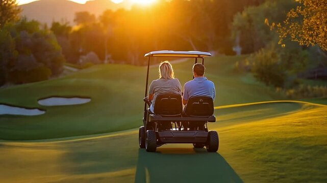couple enjoying a round of golf together while travelling in a buggy