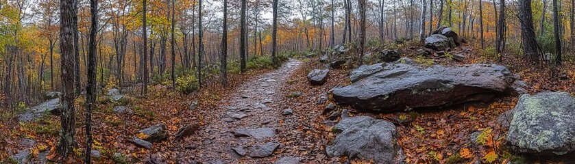 Scenic trail through a vibrant autumn forest, scenic forest trek adventure, portraying the colorful and inviting aspect of nature walks