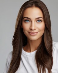 Fototapeta premium beautiful woman blue eyes, dark brown thick smooth straight shiny and silky hair, smiling, white t-shirt, white background professional photography in studio