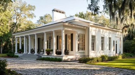 Obraz premium White villa with porch and cobblestone