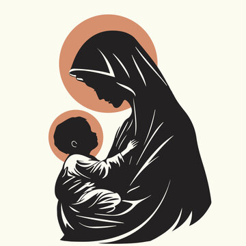 recommend clip art: Vector illustration of  Mother Mary with baby Jesus in simple minimalistic art form