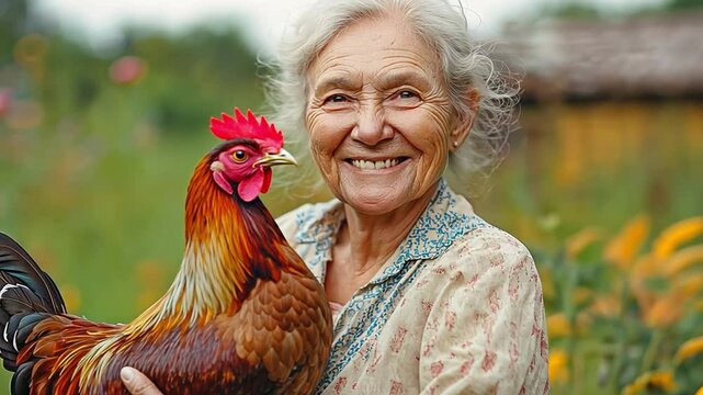 a senior citizen clutching a chicken. The contented elderly farmer is thrilled with her animals.