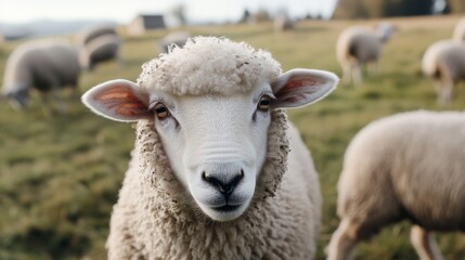 Fluffy sheep in a field closeup.