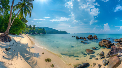 Beautiful outdoor view ocean and beach with tropical coconut palm tree at sunrise time ai generative..