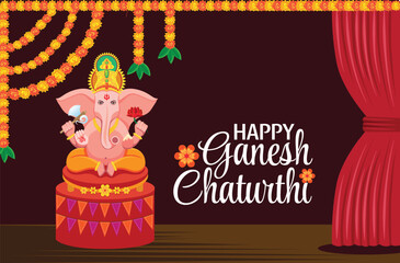 Ganesh Chaturthi with Lord Ganesha Idol on Stage Decorated with Marigold Garlands