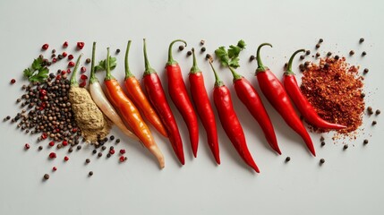 A stylish arrangement of chili peppers and an assortment of seasonings like cumin seeds and paprika, neatly organized on a white surface for a clean, modern look.
