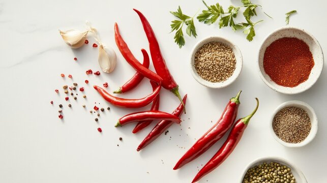 A stylish arrangement of chili peppers and an assortment of seasonings like cumin seeds and paprika, neatly organized on a white surface for a clean, modern look.