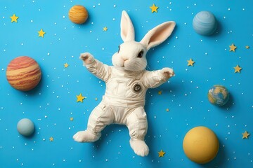 Rabbit dressed as an astronaut, floating in space with stars and planets around, adventurous and...