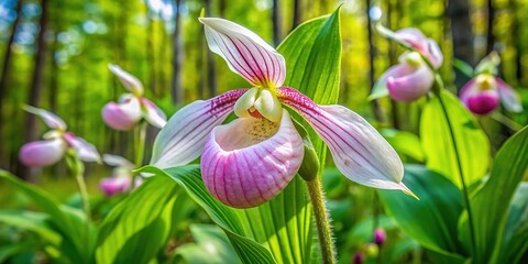 Obraz premium In sun-dappled forests, the showy lady slipper blooms, its delicate petals swaying gently, a cherished symbol of Minnesota's natural beauty.