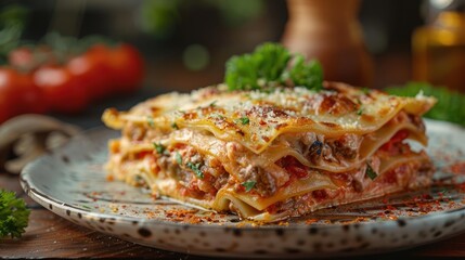 A gourmet lasagna with mozzarella cheese and basil, topped with bacon bits and parsley.