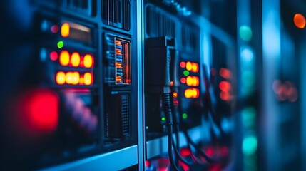 Obraz premium Organized Data Center Power Distribution Units for Seamless Electricity Supply Rows of power distribution equipment in a modern data center providing reliable power to servers and networking devices