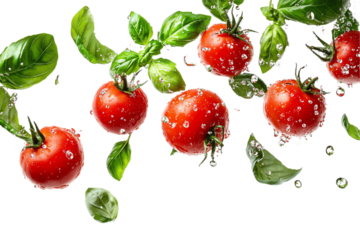 Water-Droplet-Kissed Tomatoes and Basil in Dynamic Flight