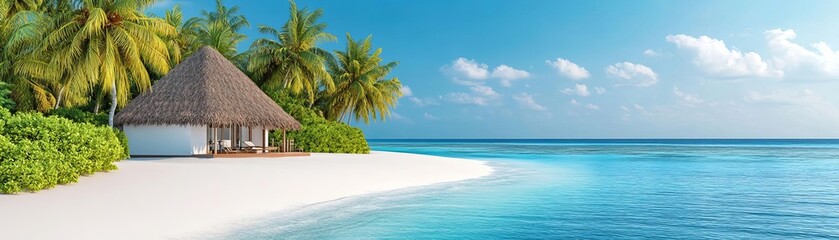 Fototapeta premium Serene tropical island retreat with white sandy beaches and a thatched-roof hut, Idyllic island escape, Tranquil vacation spot