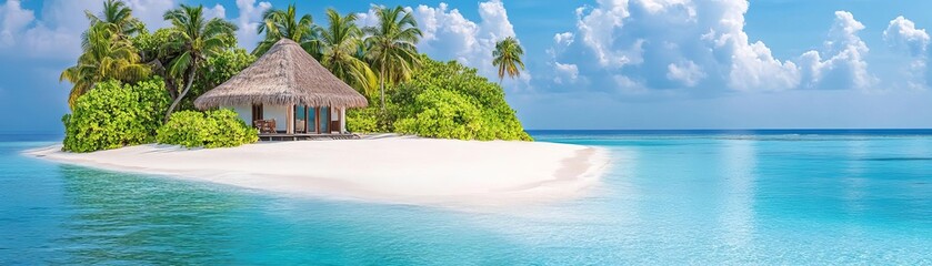 Fototapeta premium Serene tropical island retreat with white sandy beaches and a thatched-roof hut, Idyllic island escape, Tranquil vacation spot