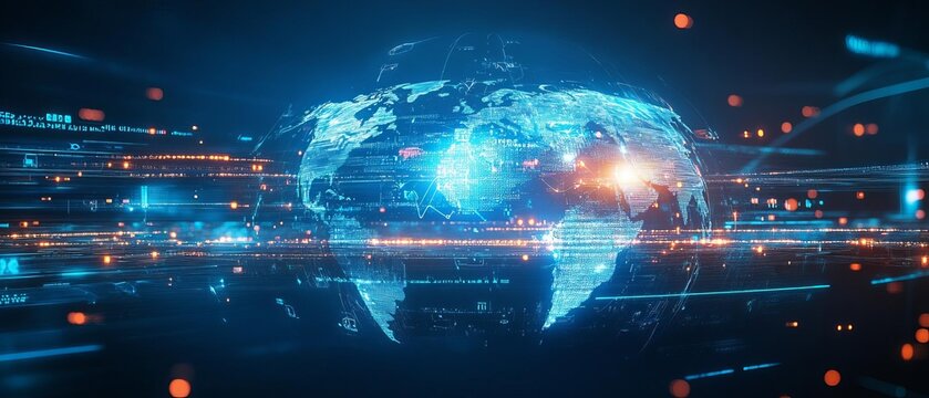 A futuristic depiction of a global distribution network, where advanced technology drives international marketing strategies and logistics coordination