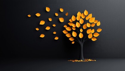 Abstract tree with golden leaves, each leaf symbolizing a step toward success, and the full tree representing the culmination of victory