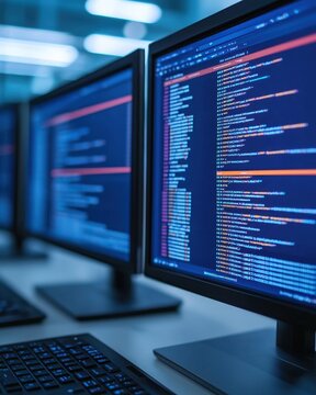 Close-up of computer screens displaying programming code in a modern workspace. Ideal for tech and coding visuals.