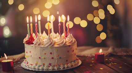 Birthday Cake with Candles. A beautifully decorated birthday cake with lit candles on pink pastel background with copy space, light pastel colors ai generative..
