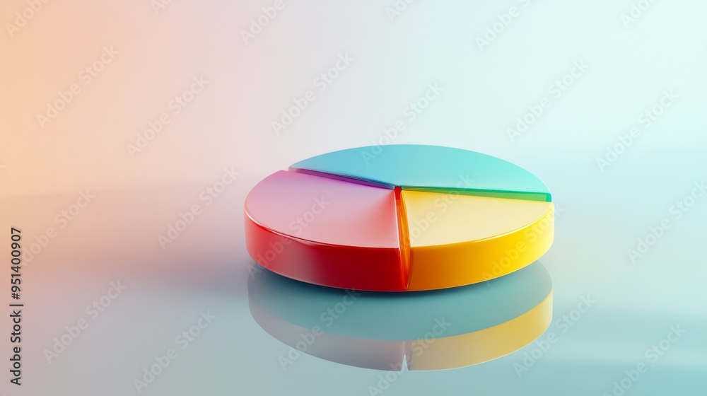 Poster a vibrant 3d pie chart with colorful segments floating above a reflective surface, symbolizing data 