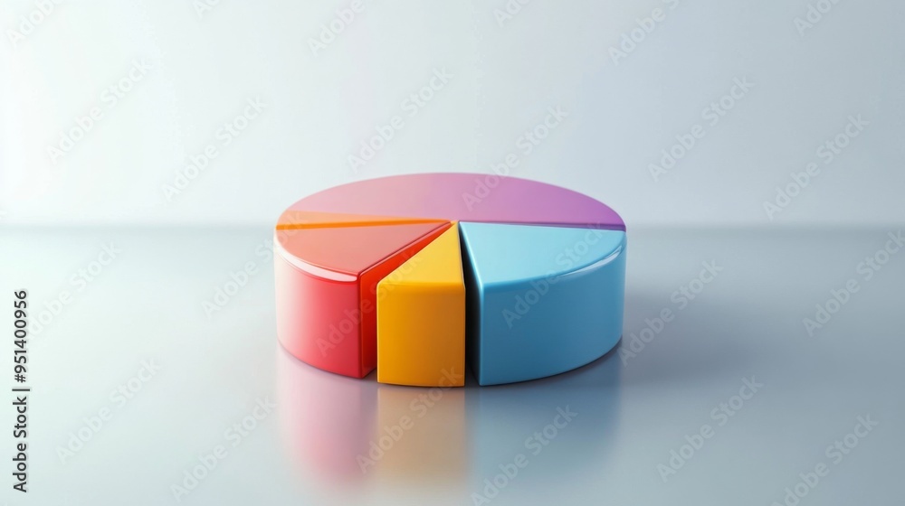 Poster A vibrant 3D pie chart with colorful segments floating above a reflective surface, symbolizing data analysis and business insights, with a minimalist white background.
