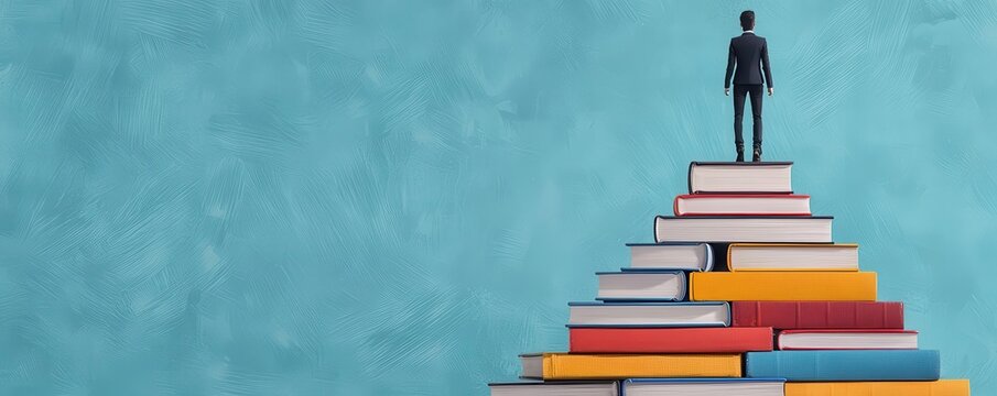 A figure ascending a staircase made of books, each step labeled with a different career milestone, representing the progression in a chosen career path