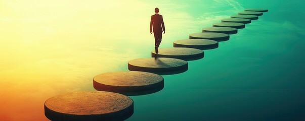 A figure walking on a path lined with stepping stones, each labeled with career milestones, symbolizing the progression and future direction of a chosen career track