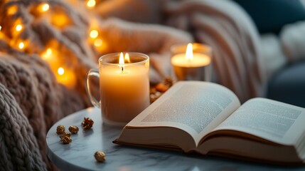 Cup of tea with paper open book and burning scented candles on marble table over cozy chair and glowing lights in bedroom closeup. Winter holiday season.