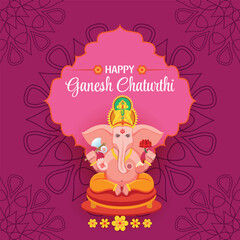 Ganesh Chaturthi Illustration with Lord Ganesha and Decorative Pink Floral Frame