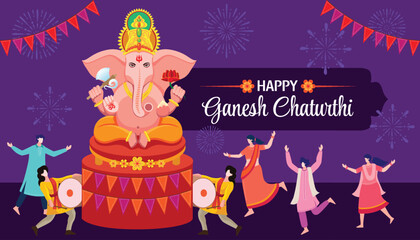 Naklejka premium Festive Ganesh Chaturthi Night Celebration with Ganesha Idol and Fireworks