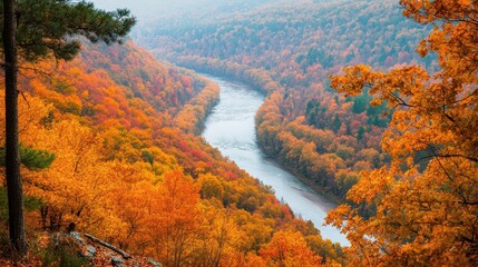 Breathtaking Autumn Landscape with Winding River and Vibrant Foliage