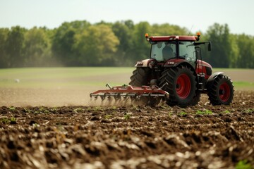 Fototapeta premium Tractor is clearing the soil field agriculture outdoors.