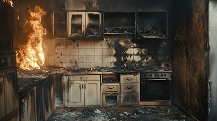 The remains of a kitchen fire, with burnt cabinets and scorched walls, underscoring the need for fire safety measures and response.