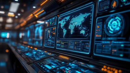 Naklejka premium A close-up of a futuristic logistics command center, where AI systems manage international marketing strategies and supply chain efficiency in real-time
