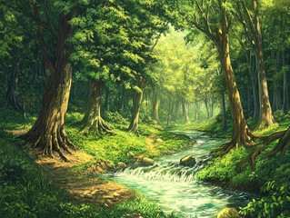 Fototapeta premium Lush green forest with a flowing river.