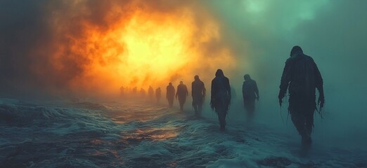An apocalyptic fantasy scene with a group of zombies walking towards a fiery background, perfect for Halloween event posters and spooky themes.
