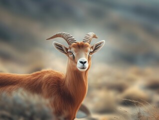 Fototapeta premium Close up portrait of Aoudad in desert landscape, wildlife photography