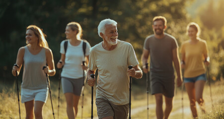 Elderly man and family doing nordic walking in park, all wearing sportswear, older person holding sticks or poles for support while moving outdoors