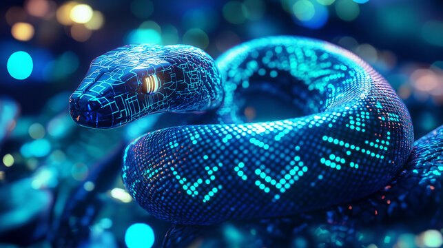 A digital snake symbolizing Python automation, surrounded by code and data streams.