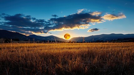 Fototapeta premium A breathtaking sunset over a golden field, with dramatic clouds and distant mountains creating a serene landscape.