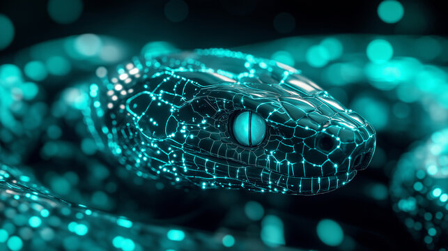 A digital snake symbolizing Python automation, surrounded by code and data streams.