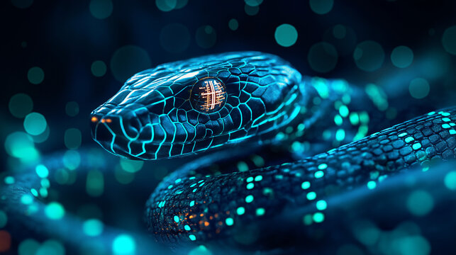 A digital snake symbolizing Python automation, surrounded by code and data streams.
