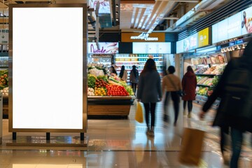Stand billboard mockup supermarket people shop.
